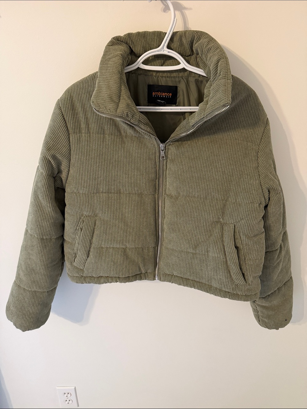 Ambiance Olive Corduroy Cropped Puffer Jacket
